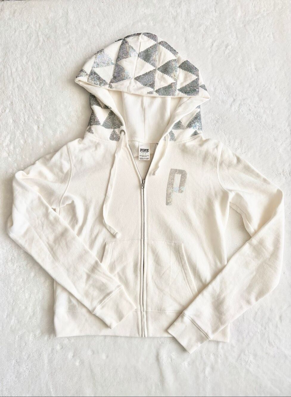 PINK Victoria’s Secret White Holographic Sequin Zip Hoodie Y2K Bling Women’s Sma - Picture 2 of 12